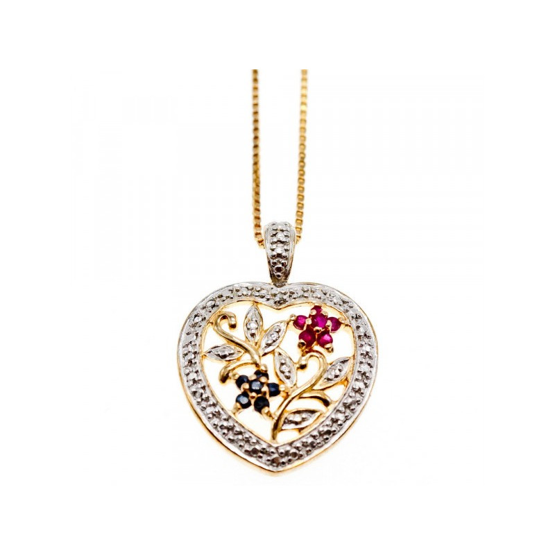925 Sterling Silver Gold Plated Rubies & Sapphires Chain With Pendant Italy