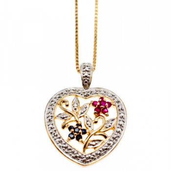 925 Sterling Silver Gold Plated Rubies & Sapphires Chain With Pendant Italy