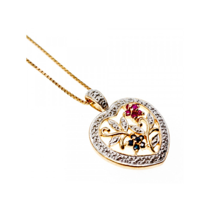 925 Sterling Silver Gold Plated Rubies & Sapphires Chain With Pendant Italy