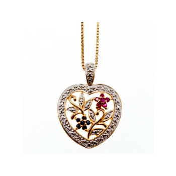 925 Sterling Silver Gold Plated Rubies & Sapphires Chain With Pendant Italy