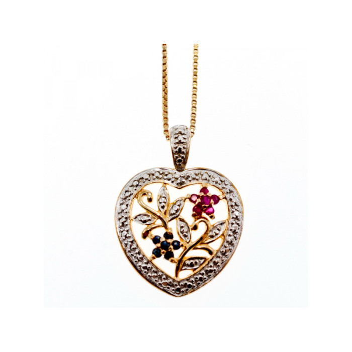 925 Sterling Silver Gold Plated Rubies & Sapphires Chain With Pendant Italy