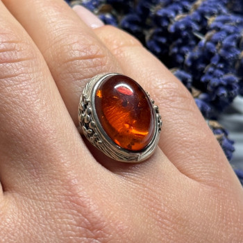 925 Sterling Silver Amber Ring Size 6