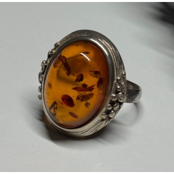 925 Sterling Silver Amber Ring Size 6