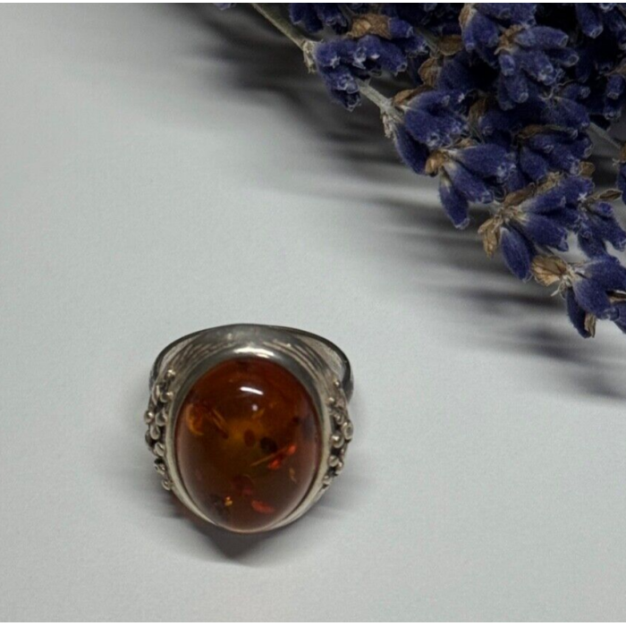925 Sterling Silver Amber Ring Size 6