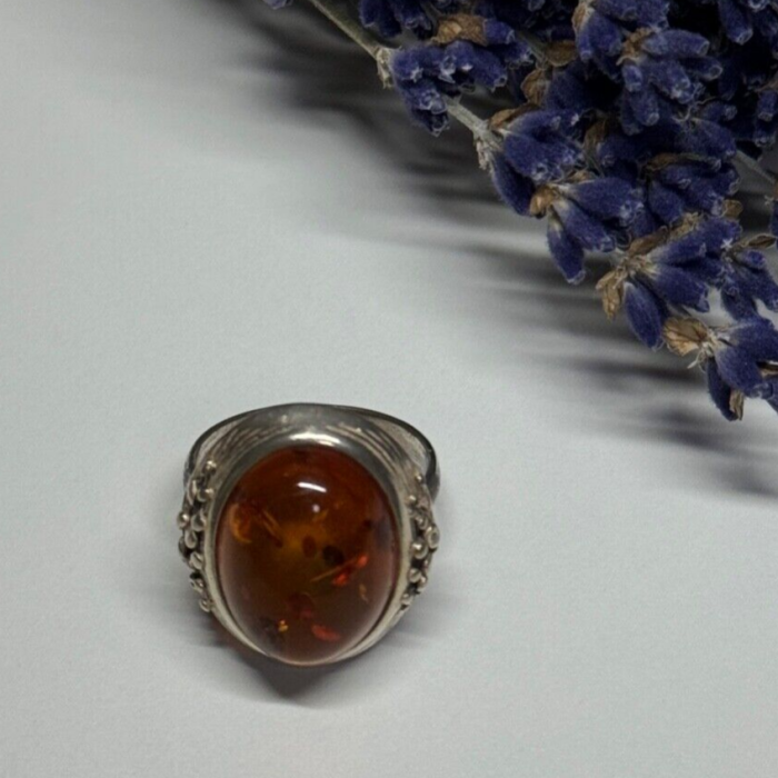 925 Sterling Silver Amber Ring Size 6