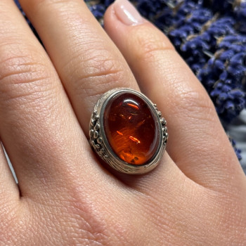 925 Sterling Silver Amber Ring Size 6