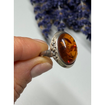 925 Sterling Silver Amber Ring Size 6