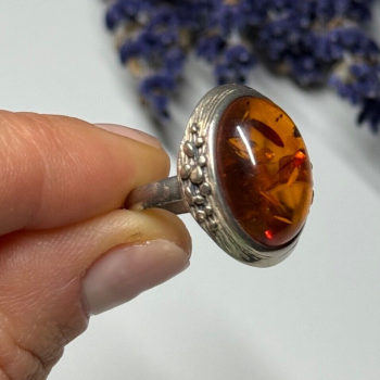 925 Sterling Silver Amber Ring Size 6