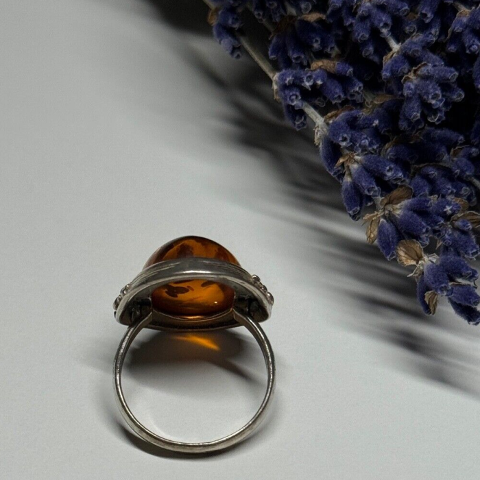 925 Sterling Silver Amber Ring Size 6