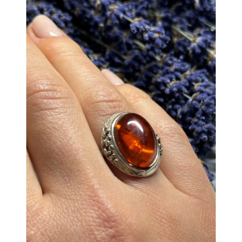 925 Sterling Silver Amber Ring Size 6