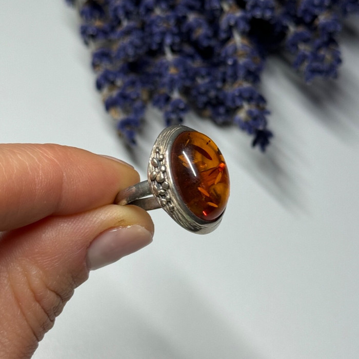 925 Sterling Silver Amber Ring Size 6