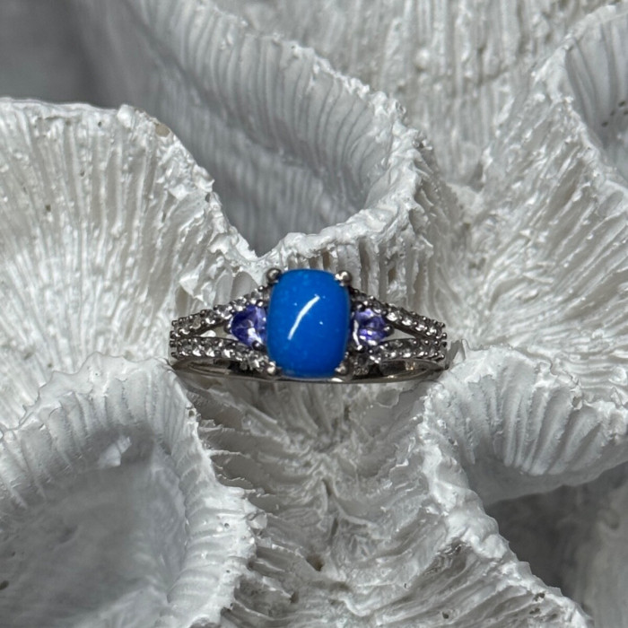 925 Sterling Silver Blue Agate, Tanzanite & Beryl Ring Size 7.5