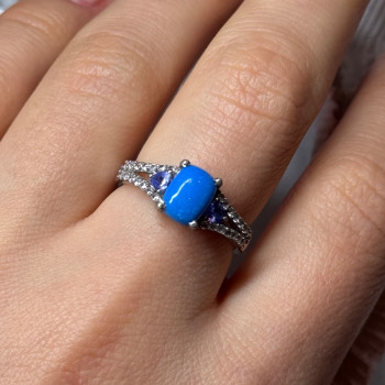 925 Sterling Silver Blue Agate, Tanzanite & Beryl Ring Size 7.5