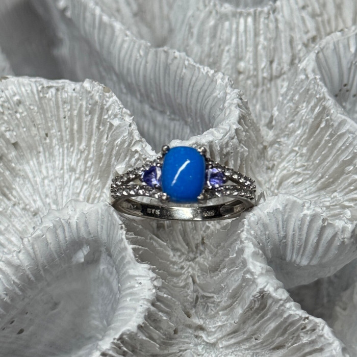 925 Sterling Silver Blue Agate, Tanzanite & Beryl Ring Size 7.5