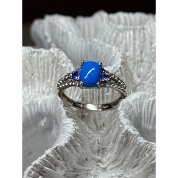 925 Sterling Silver Blue Agate, Tanzanite & Beryl Ring Size 7.5