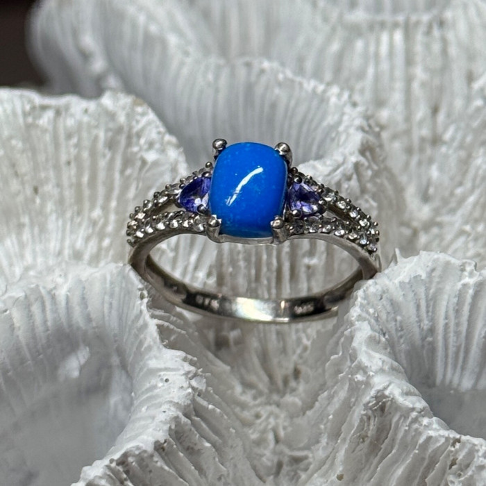 925 Sterling Silver Blue Agate, Tanzanite & Beryl Ring Size 7.5
