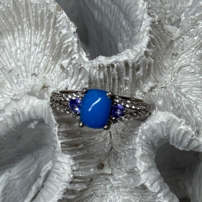 925 Sterling Silver Blue Agate, Tanzanite & Beryl Ring Size 7.5