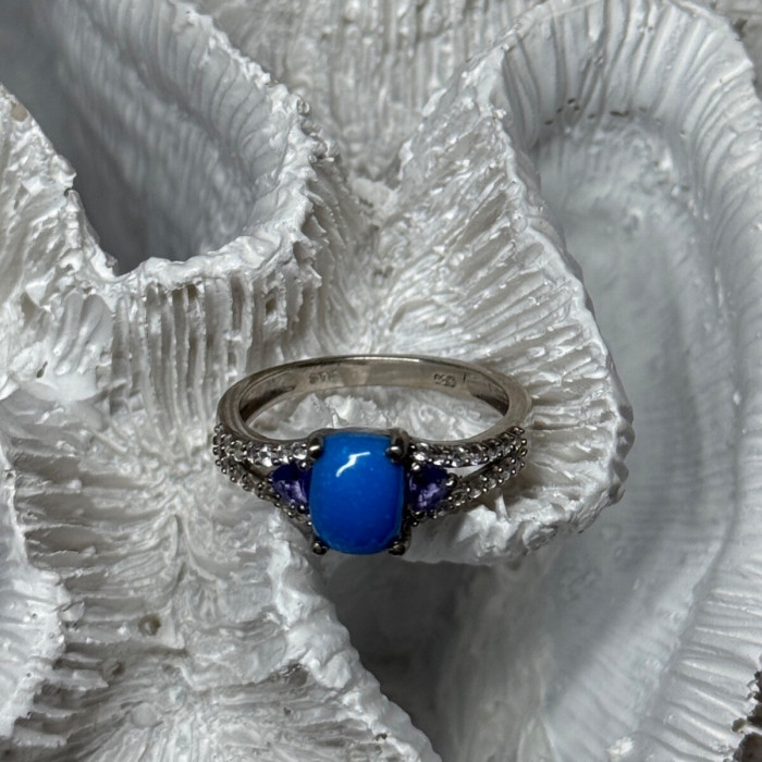 925 Sterling Silver Blue Agate, Tanzanite & Beryl Ring Size 7.5