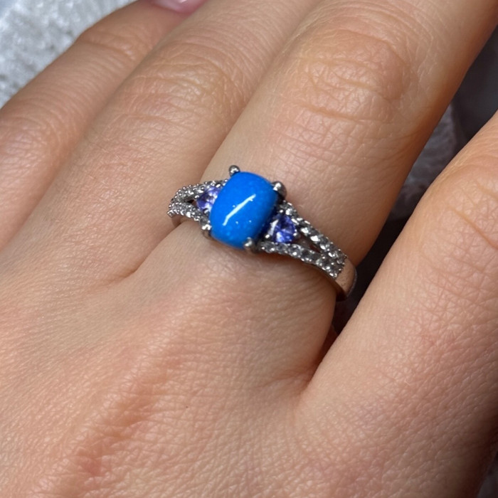 925 Sterling Silver Blue Agate, Tanzanite & Beryl Ring Size 7.5