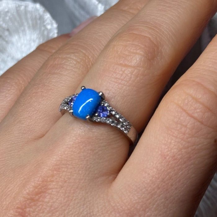 925 Sterling Silver Blue Agate, Tanzanite & Beryl Ring Size 7.5