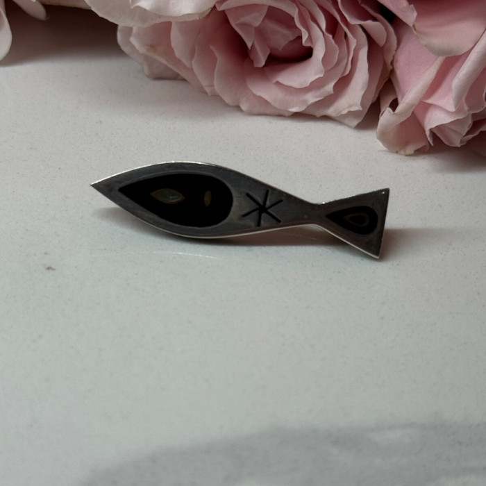 925 Sterling Silver Black Evil Eye Enamel Brooch Length 1.5 In