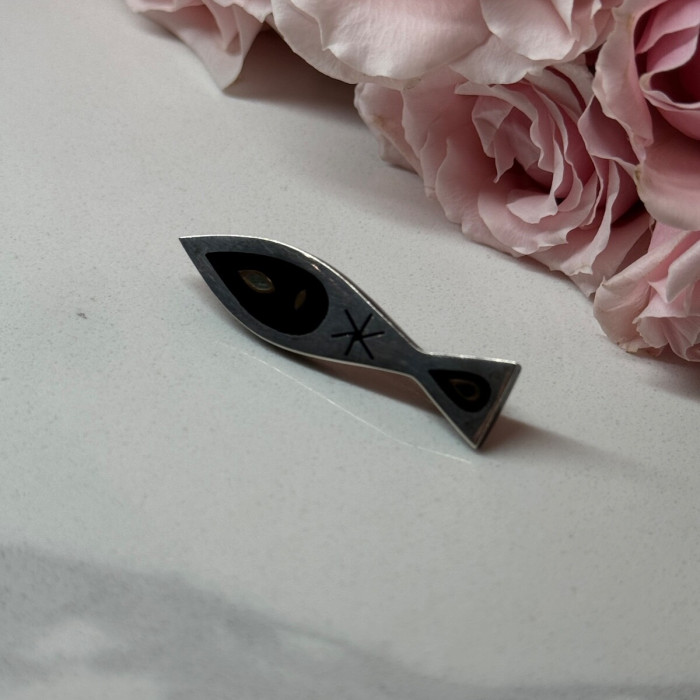 925 Sterling Silver Black Evil Eye Enamel Brooch Length 1.5 In