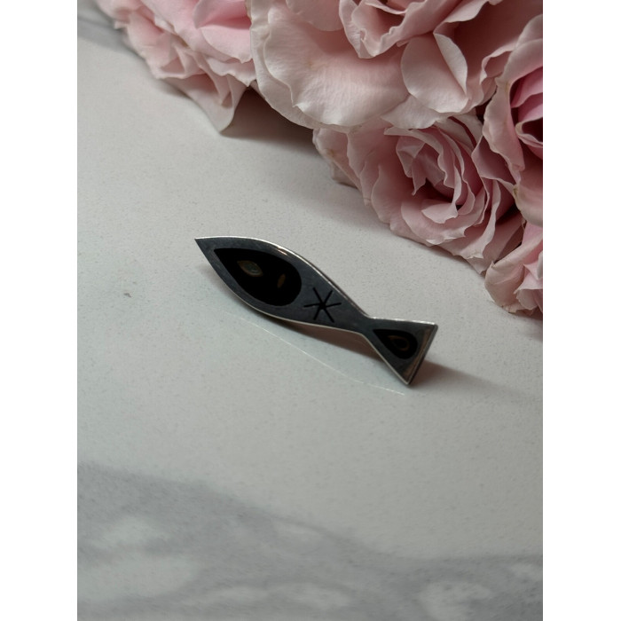 925 Sterling Silver Black Enamel Brooch Length 1.5 In