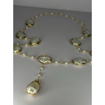 GOLD PLATED PEARL NECKLACE APPROX LENGTH 30 INCH THE BOTTOM OF PENDANT 3 INCH