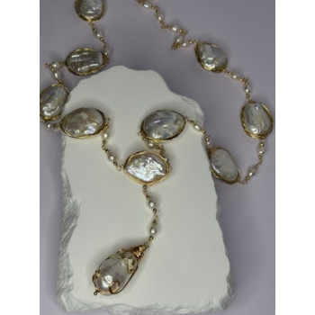 GOLD PLATED PEARL NECKLACE APPROX LENGTH 30 INCH THE BOTTOM OF PENDANT 3 INCH