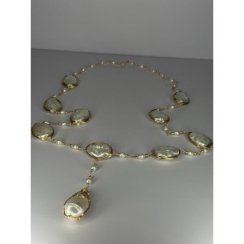 GOLD PLATED PEARL NECKLACE APPROX LENGTH 30 INCH THE BOTTOM OF PENDANT 3 INCH