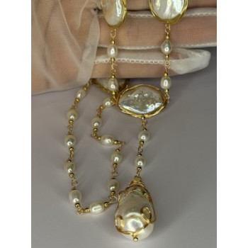 GOLD PLATED PEARL NECKLACE APPROX LENGTH 30 INCH THE BOTTOM OF PENDANT 3 INCH