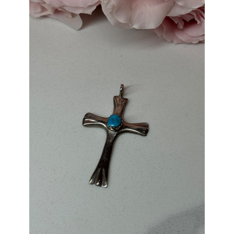 925 Sterling Silver Turquoise Cross Length 1.6 In