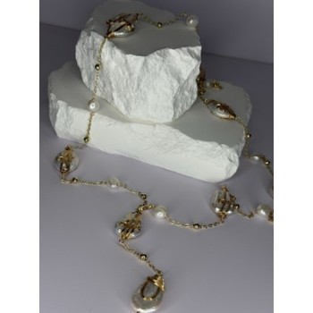 GOLD PLATED PEARL NECKLACE APPROX LENGTH 32 INCH BOTTOM OF PENDANT 4 INCH