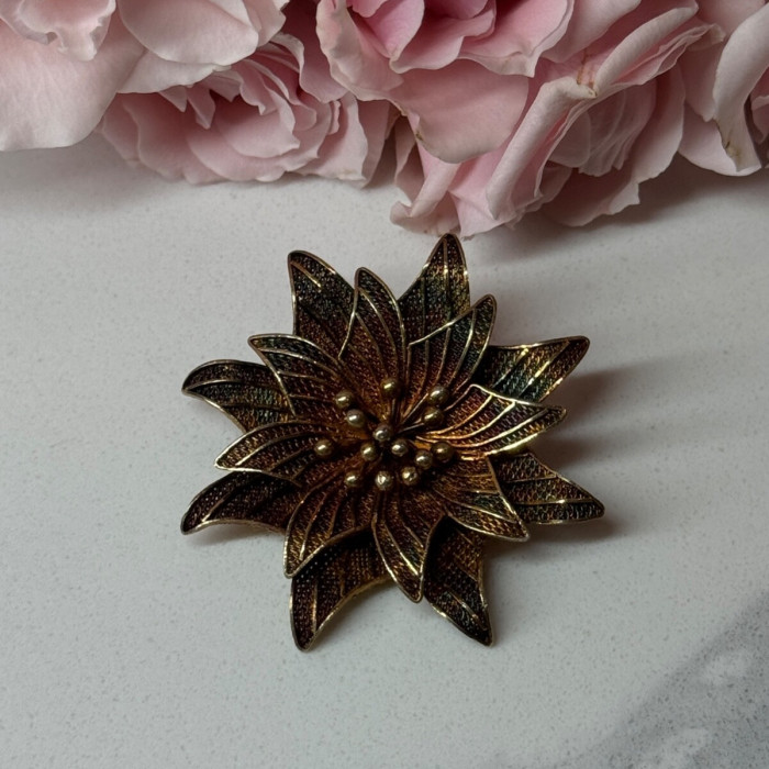 925 Sterling Silver Gold Plated Brooch Flower Length 1.6 In