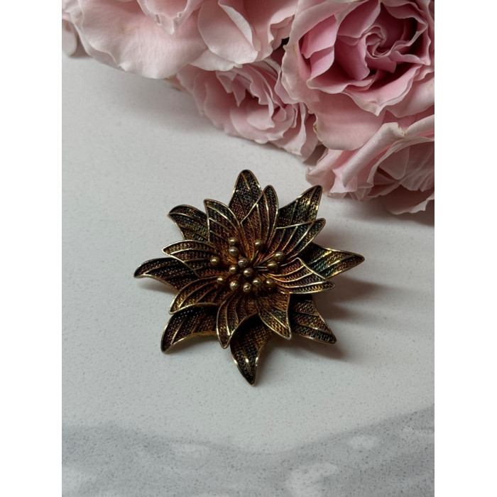 925 Sterling Silver Gold Plated Brooch Flower Length 1.6 In