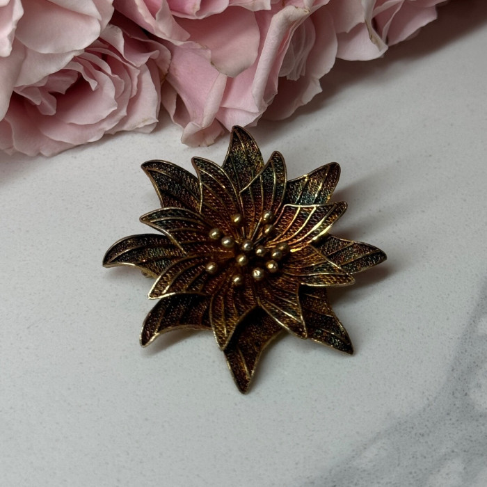 925 Sterling Silver Gold Plated Brooch Flower Length 1.6 In