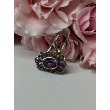 925 Sterling Silver Amethyst & Marcasite Pendant Length 1 In
