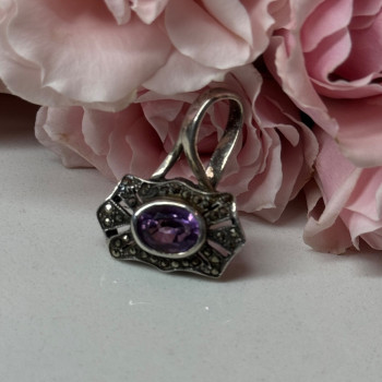 925 Sterling Silver Amethyst & Marcasite Pendant Length 1 In