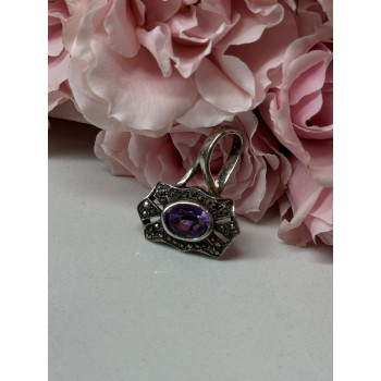 925 Sterling Silver Amethyst & Marcasite Pendant Length 1 In