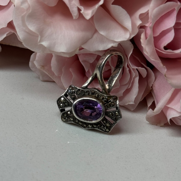 925 Sterling Silver Amethyst & Marcasite Pendant Length 1 In