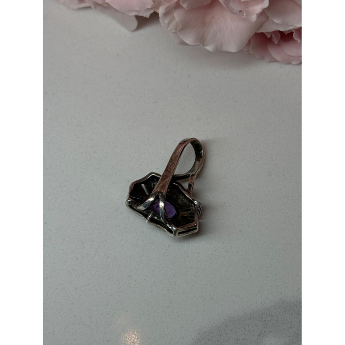 925 Sterling Silver Amethyst & Marcasite Pendant Length 1 In