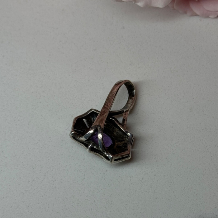 925 Sterling Silver Amethyst & Marcasite Pendant Length 1 In