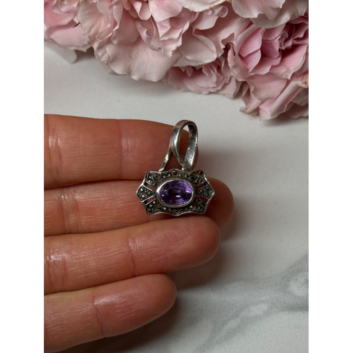 925 Sterling Silver Amethyst & Marcasite Pendant Length 1 In
