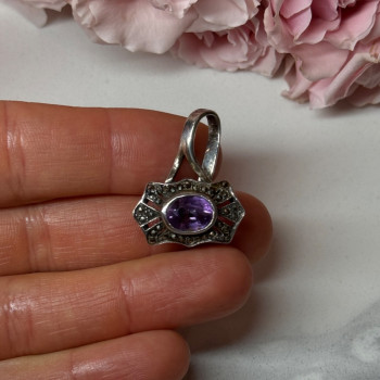925 Sterling Silver Amethyst & Marcasite Pendant Length 1 In