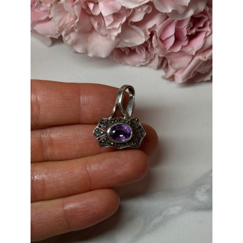 925 Sterling Silver Amethyst & Marcasite Pendant Length 1 In