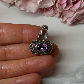 925 Sterling Silver Amethyst & Marcasite Pendant Length 1 In