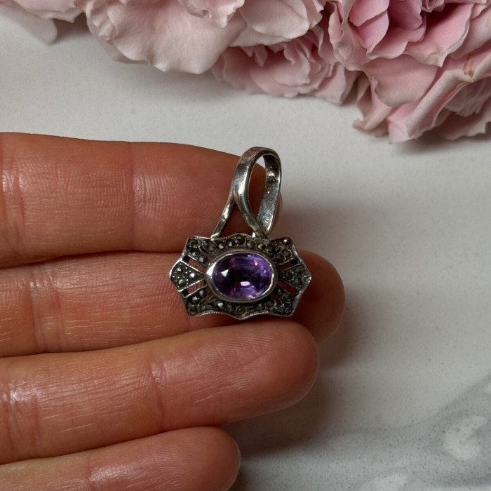 925 Sterling Silver Amethyst & Marcasite Pendant Length 1 In