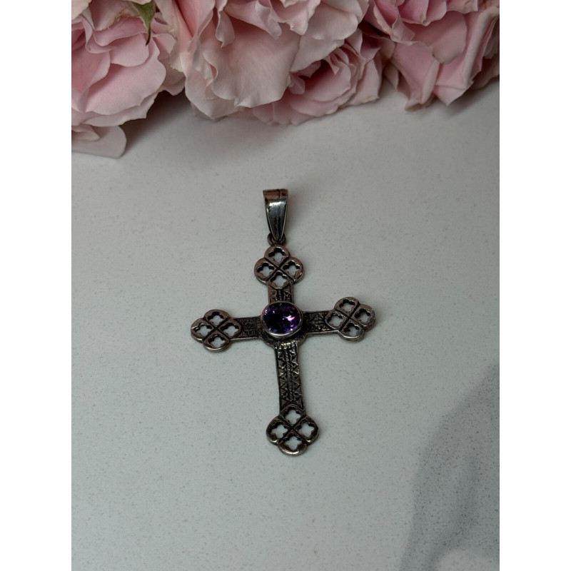 925 Sterling Silver Amethyst Cross Length 2.2 In