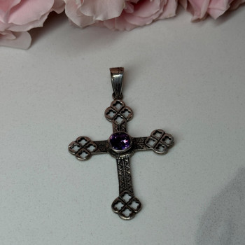 925 Sterling Silver Amethyst Cross Length 2.2 In