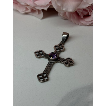 925 Sterling Silver Amethyst Cross Length 2.2 In